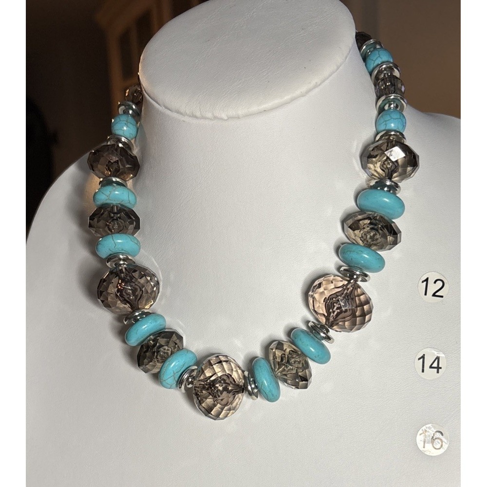 Chunky Turquoise Glass Acrylic Faceted Glass SilverTone Statement Necklace